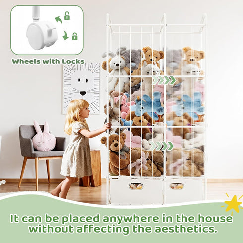 Stuffed Animal Storage, Metal Stuff Animals Zoo Holder with Fabric Drawer and Wheels Tall Vertical Plushies Toy