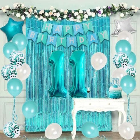 Happy 11th Birthday Decorations for Girls Teal - Teal Fringe Curtain, Turquoise Banner, Number 11 Foil Balloon, Cake