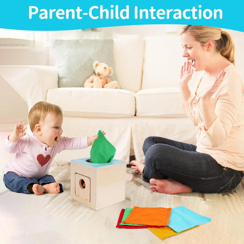 FCSONU Kids Toddler Montessori Toys, Wooden Baby Tissue Box Toy for Educational Learning with Cloth Tissues