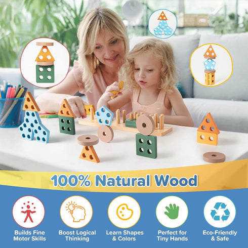 7in1 612Months 1+ 13 Montessori Baby Toys for & Years, Infant Sensory Teething & Stacking Blocks | Wooden Shape Sorter