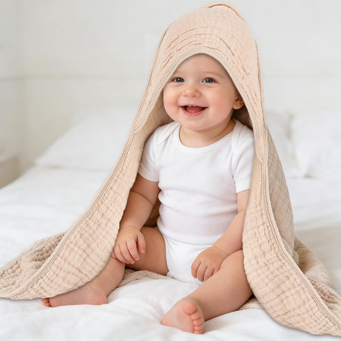 ZOLLEFY 2 Pack 32x32 Inches Baby Hooded Bath Towel Muslin Cotton Brown and Misty Blue Neutral Style Elegant Colors
