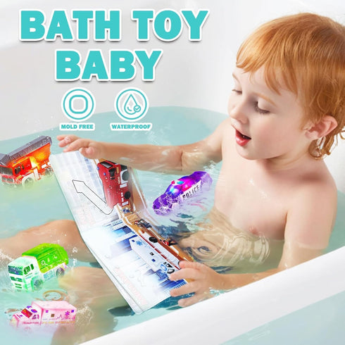 JASNKKONT 4 18 Swimming Floating Changing Color Light Up Bath Toy Car with Bath Book & Storage Bag, No Hole Realistic