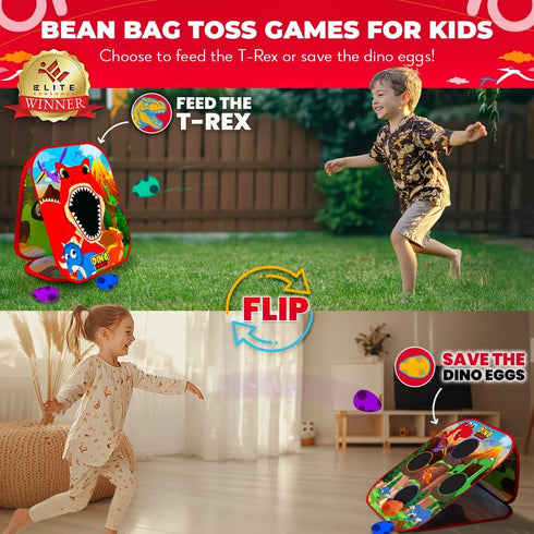 2-in-1 5-Second Setup Set Swooc Games - Dino Frenzy | Corn Hole Games for Kids | | Dinosaur Bean Bag Toss Game for Kids