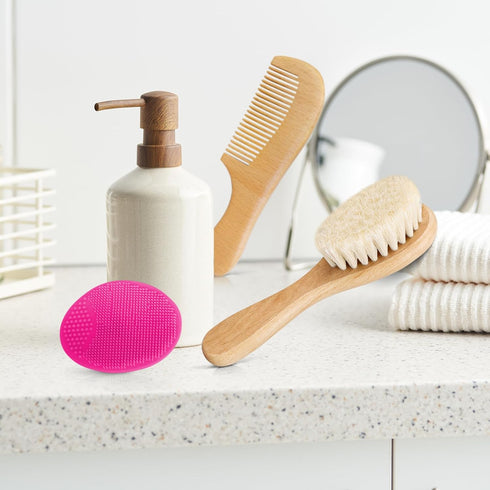 Molylove Set (3 Baby Hair Brush with Wooden Handle and Comb for Newborns & Toddlers | Natural Soft Goat Bristles l Wood
