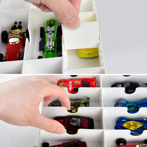 FULLCASE Toys Organizer Storage for Hot Wheels Cars, Double-Sided Carrying Box with 48 Compartments, White