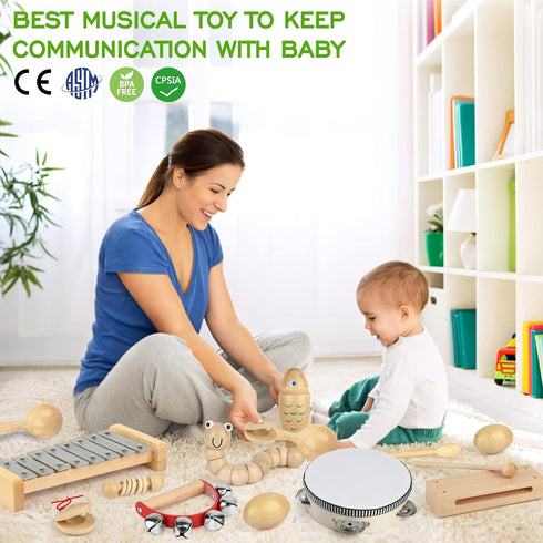 kaqinu Instruments,100% Sets, 23 Kids Musical Natural Wooden Music Percussion Toy Pcs Tambourine Xylophone Toys