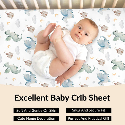 Cstdyfrv 28x52in Cute Baby Dragons Castle Crib Sheets Watercolor Fairytale Dragon Moon Stars Soft Breathable Baby