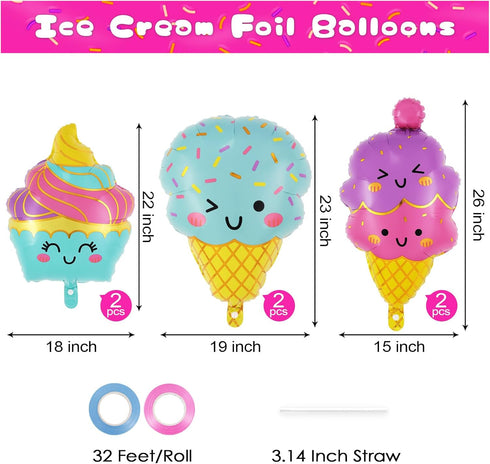 YOTHORN 6 Summer Summer 2) Pcs Ice Cream Balloons, Giant Ice Cream Cone Foil Balloon for Party, Party Decorations