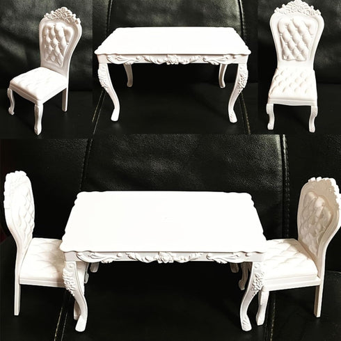 seteu 1:6 Set, Miniature Scale White Victorian Dining Table and Chair Dollhouse Furniture, Decorative Accessories
