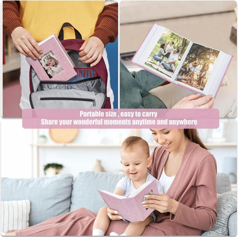 Photo Album 4x6, 100 Pockets, Linen Cover Top Loader Vertical, Slip-in Picture Pink Pockets for Wedding and Family
