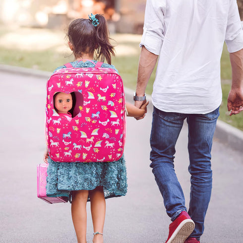 K.T.Fancy 7 PCS 18 Inch Dolls Bag Carrier Set, Includes Doll Clothes, Shoes, Sunglasses, Backpack, Toy Unicorn