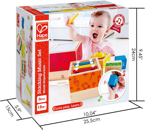 ODYSSEY Hape Stacking Music Set, Colorful 6 Piece Wooden Musical Box Toy for Kids 18 Months+