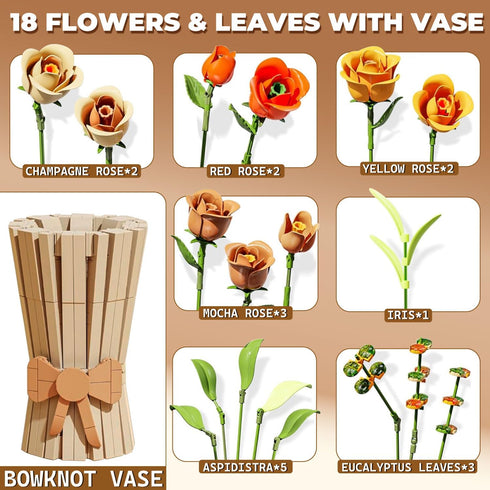 Store Set 868PCS Bagari Roses Bouquet Building - Artificial Flowers Building Blocks with Vase, Compatible with Lego Kit