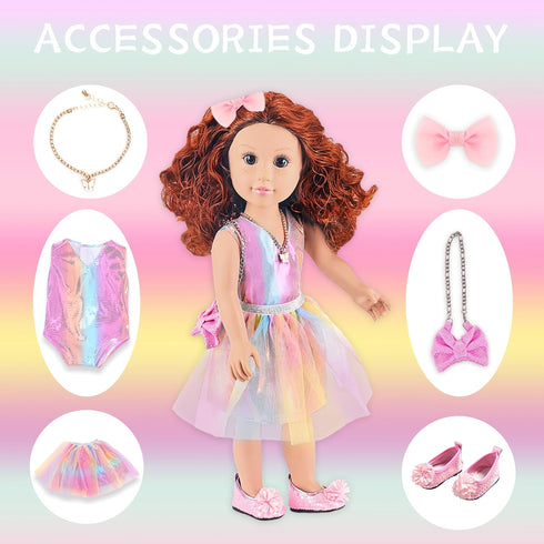 ZITA ELEMENT 18 Inch American Doll with Clothes and Accessories, Rainbow Dress, Bow, Bag, Shoes, Hairpin, Necklace