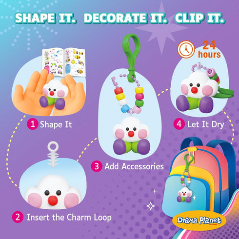 6 8+ Drama Planet Make Your Own Clay Keychains Air Dry Clay Craft Kit for Kids Ages and Up, Create Charms and Bag