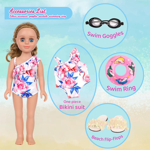 Doll Swimsuit Set for 18-Inch Doll, 7 Pcs Swimming Accessories, Bathing Suit, Goggles, Flip-Flops, Swim Ring