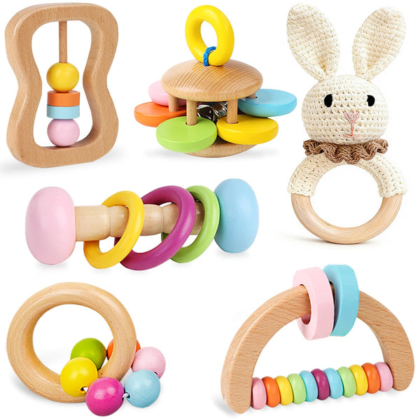 6 PCS Wooden Baby Rattle, Organic Colorful Baby Hand Rattles Set, Wood