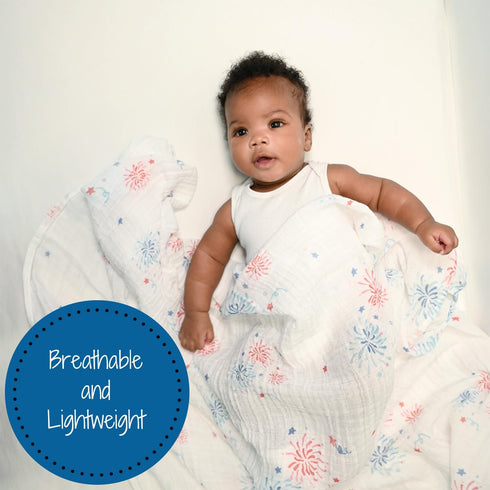 Swaddle Blanket, 100% Cotton Muslin, Soft Baby Blanket 47 x 47 inches, 4th of July Outfit, Fireworks Print