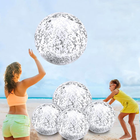 TURNMEON 5 Pack Sequins Beach Balls - Inflatable Clear Pool Toys, 16 Inch & 24 Inch, Summer Outdoor Party Favors