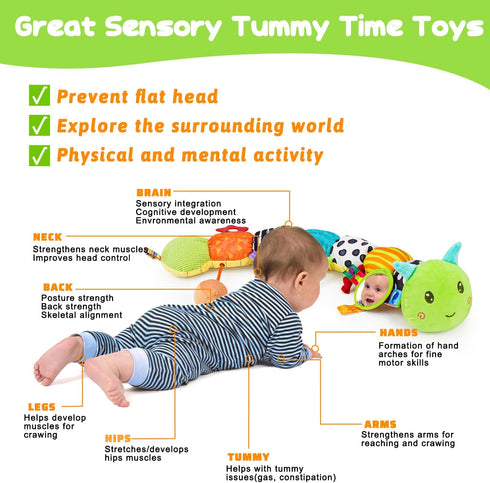 Baby Sensory Toy 0-3 Month Music Animal Stuffed Plush Caterpillar Toy for Infant 0-3-6 Month Tummy Time with Baby Mirror Crinkle Rattle for 6-12 Month Texture Toy for Boys Girls Newborn Birthday Gifts