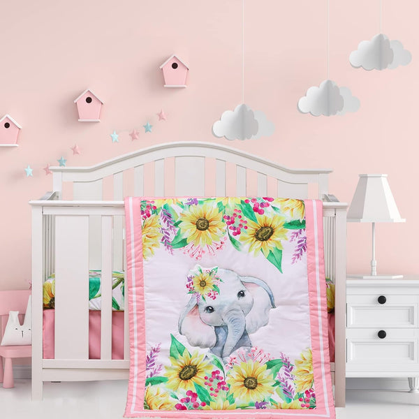 Cloele Crib Bedding Set for Baby Girls - 3 Piece Elephant Baby