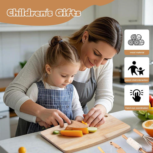 IHFAIO Set 8 Sets Kids Knife for Real Cooking, PCs Kids Cooking for Little Chef, Nature Wood Utensil