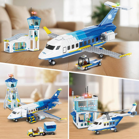 City Passenger Airplane Building Set, 711 PCS 3 IN 1 Plane Blocks Kit with Airport Terminal, Radar Tower, Luggage Truck