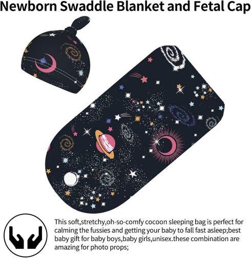 Osvbs Set, Space Galaxy Newborn Swaddle Blanket with Beanie Soft and Stretchy Baby Blanket Swaddle Sack for Boy
