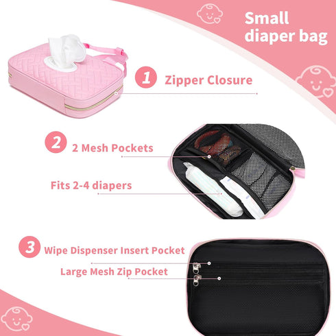 Diaper Clutch Bag with Wipes Pocket, Mini Organizing Pouches for Baby Travel Essential, Stroller Diaper Bag, Pink