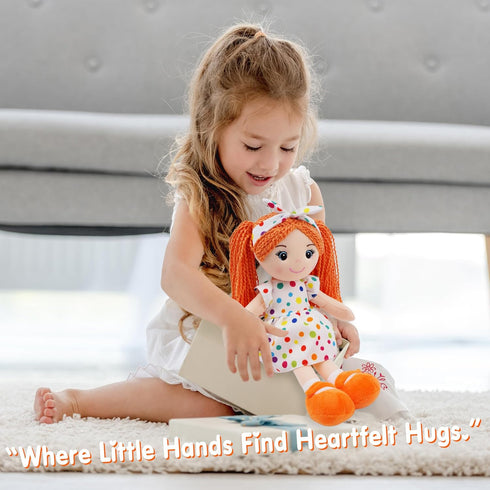 18" June Garden Snuggle Cuties Bella - Soft Cuddly Plush Doll Gift for Girls - Huggable Rag Doll - Orange L