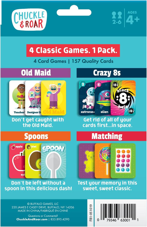 Chuckle & Roar - Classic Card Games 4pk - Ages 4 and up - Family Game Night - Old Maid, Crazy 8s, Spoons, Matching