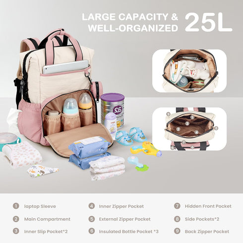 Backpack, Backpack VONAL Diaper Bag Lightweight Baby Diaper Bags, Travel Large Diaper Bag with Changing Station, Pink