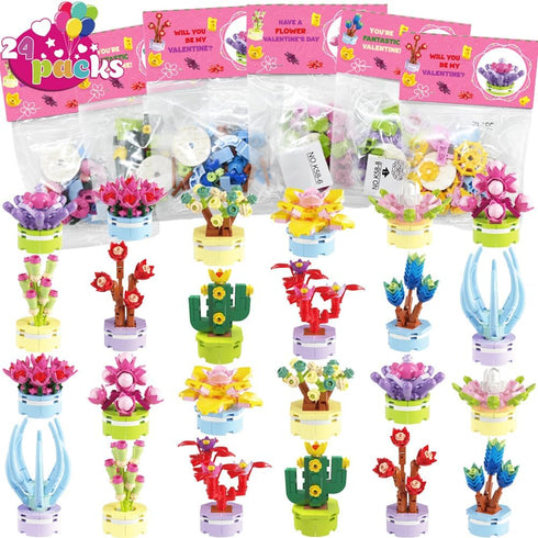 WODMAZ Valentines Day Cards with Plant Building Blocks, 24 Packs Succulents Flower Toys