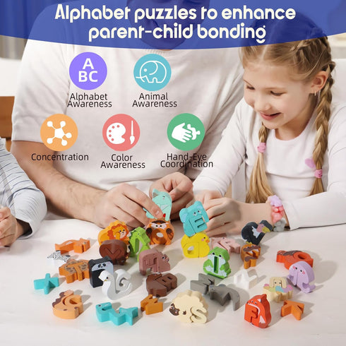BESTAMTOY 52 3-5, Pieces Matching Game, Wooden Alphabet Animal Puzzles for Toddlers, ABC Peg Puzzles for Kids Ages