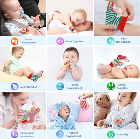 SSK Soft Baby Wrist Rattle Foot Finder Socks Set, Cotton Plush Infant Toys for Newborn Boy Girl 0-18 Months