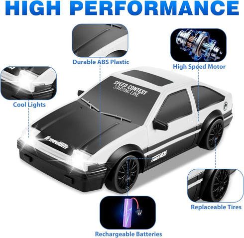 1/24 2.4GHz 4WD RC Drift Car Remote Control Cars, High Speed Drift RC Cars with Cool LED Lights, Extra Drifting Tires