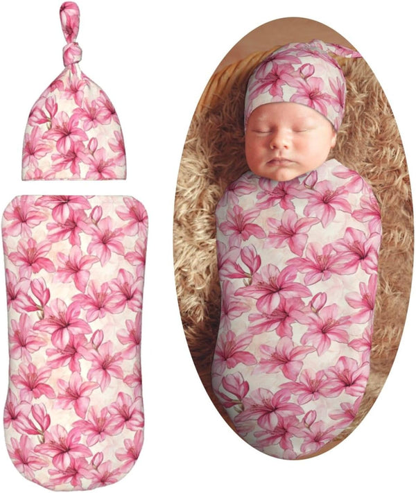 Azalea Flowers Newborn Swaddle Blankets Hat Sets Soft Baby Receiving Blanket Swaddle