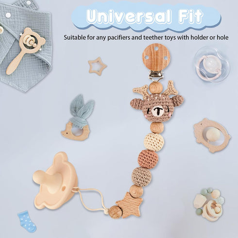 Cute Animal Pacifier Clip for Boys and Girls, Baby Teethers & Most Pacifiers, Baby Shower Essentials (Elk)