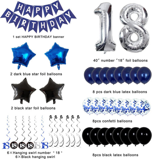 18th Birthday Decorations for Boys and Girls, Dark Blue HAPPY BIRTHDAY Banner, Silver Number 18 Balloons Party Supplies