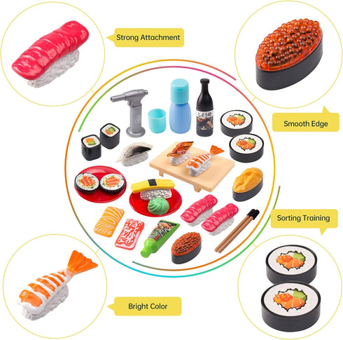 Funpynani Set, 34Pcs, 3+ Sushi Slicing Play Food Ages LED Light with Color Changing Pretend Food Toys Accessories