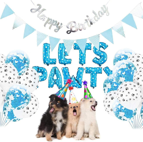 Dog Cat Birthday Party Supplies - Paw Print Balloons, Sequined Balloons, Happy Birthday Banner Decoration