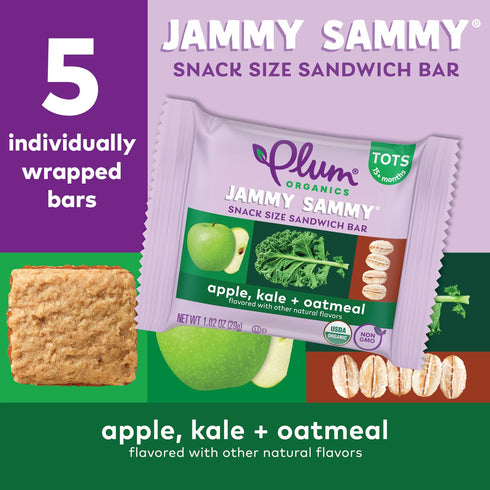 Plum Organics Jammy Sammy Snack Bars - Apple, Kale, Oatmeal, 1.02 oz Bars, Pack of 30, Organic Toddler Snacks