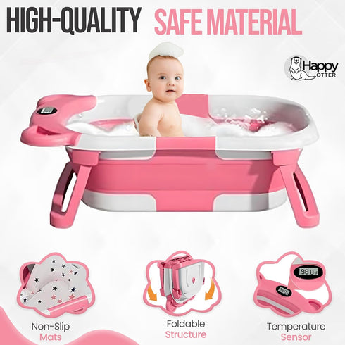 HAPPY OTTER Portable Baby Bathtub with Heat Sensor for Toddlers & Newborns, Padded Baby Bath Tub with Water Release