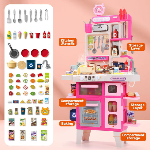 Playset, Set Set CUTE STONE Kids Kitchen Play Kitchen with Sound & Light, Cooking Stove with Steam, Toy Sink,Play Food
