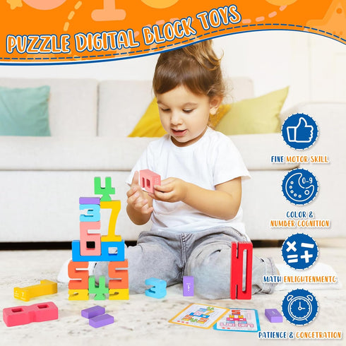 Niyopdg 20Pcs Blocks,1-10 Block,Counting 10 3+ Wooden Number Building Montessori Number Digital Number Blocks Toys