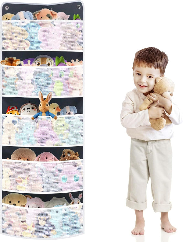 Soft Corner Shelf Toy Storage Organizer, Wall Mount Child-Friendly Organizer for Kids Bedroom with 5 Large Mesh Pockets