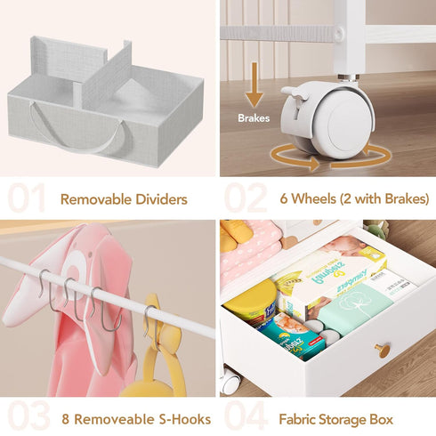 3in1 BBLIKE Diaper Caddy Organizer - Diaper Caddy & Rolling Diaper Cart with Kids Clothing Rack for Nursery and Baby