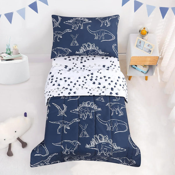 4 Pieces Dinosaur Toddler Bedding Set for Boys, Soft Breathable Toddler Comforter