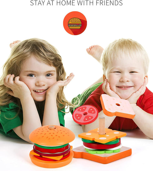 Wooden Burger Sandwich Stacking Toys - Play Food Toy for Toddlers, Montessori Educational Toy for 3 Year Olds
