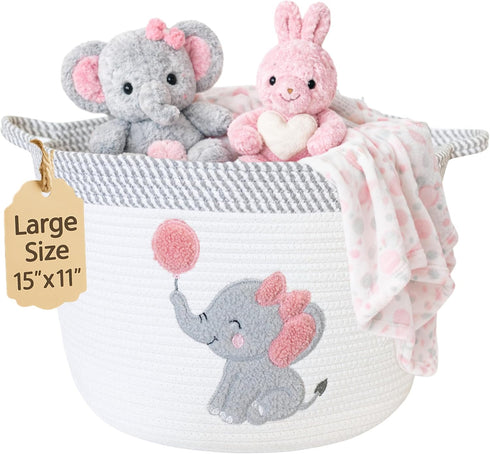 Elephant Storage Basket for Nursery Large 15x11 Cotton Rope Bin with Soft